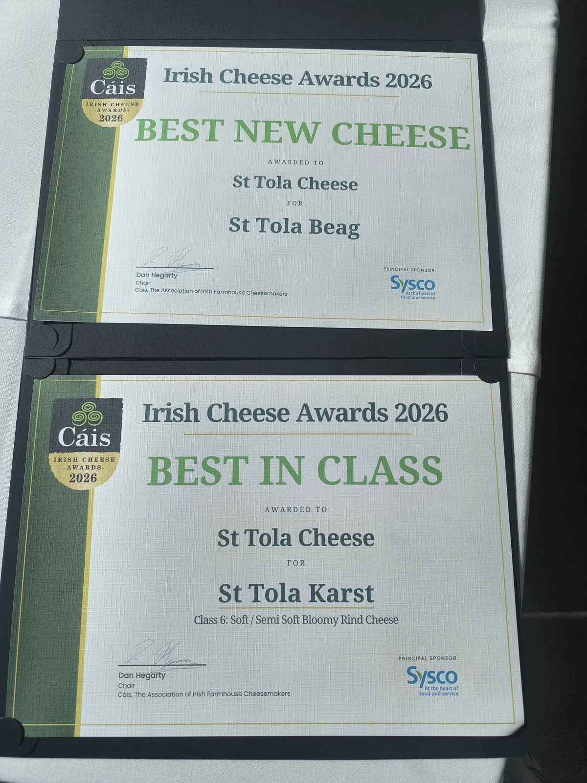 Irish Cheese Awards 2026 certificates for St Tola Beag and St Tola Karst