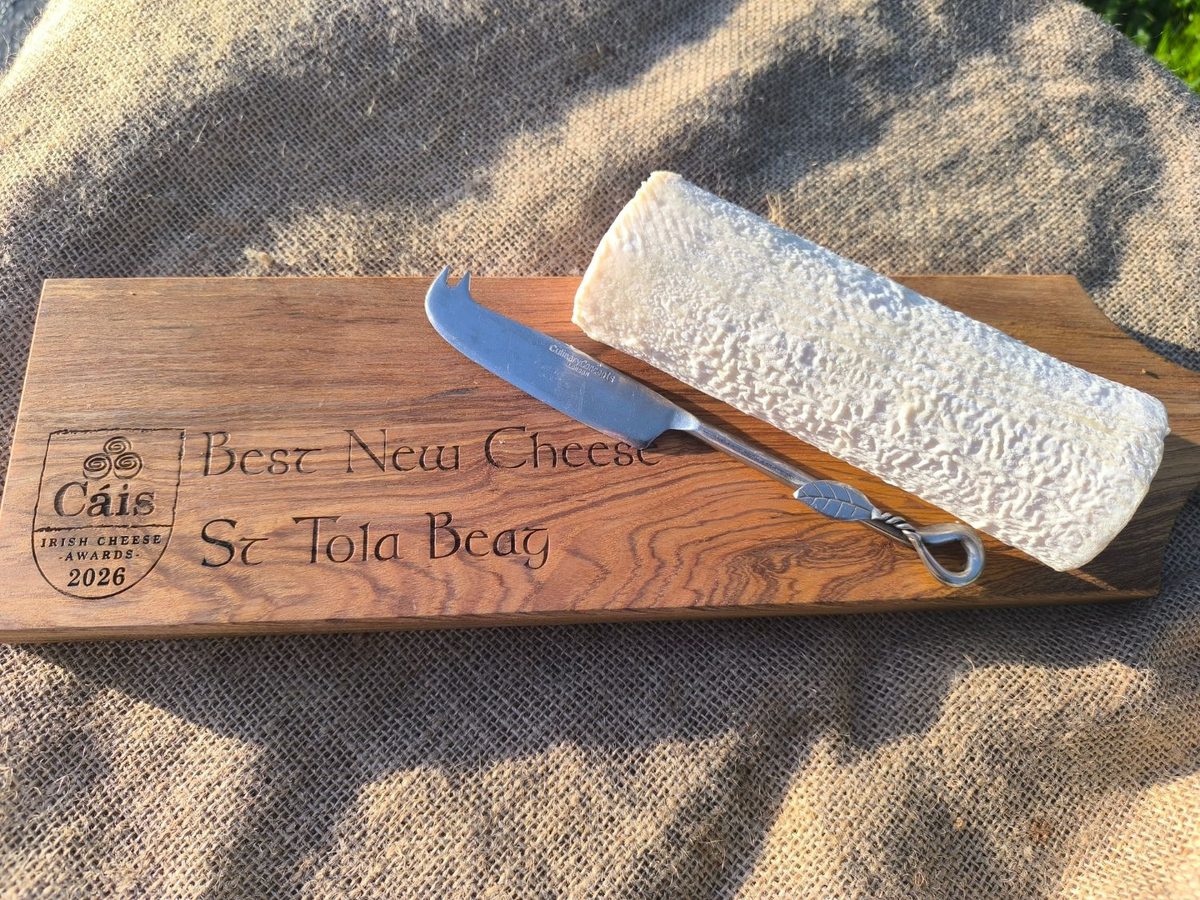 St Tola Beag on the engraved Cáis Irish Cheese Awards 2026 Best New Cheese board